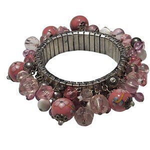 Retro Boho Chic Pink Beaded Stretch Bracelet Floral Cloisonné Charms Jewelry